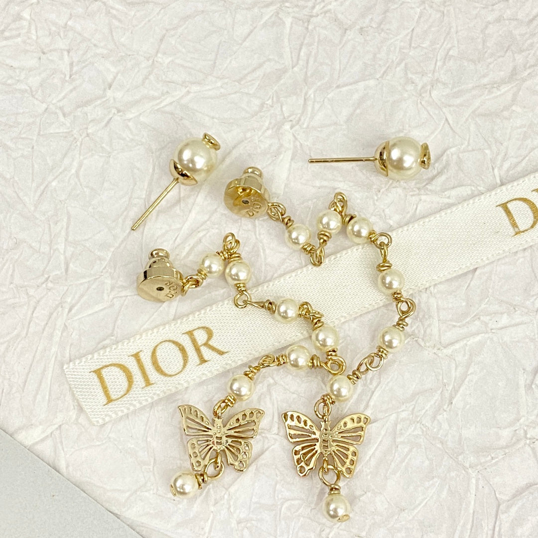 D butterfly and pearls earrings